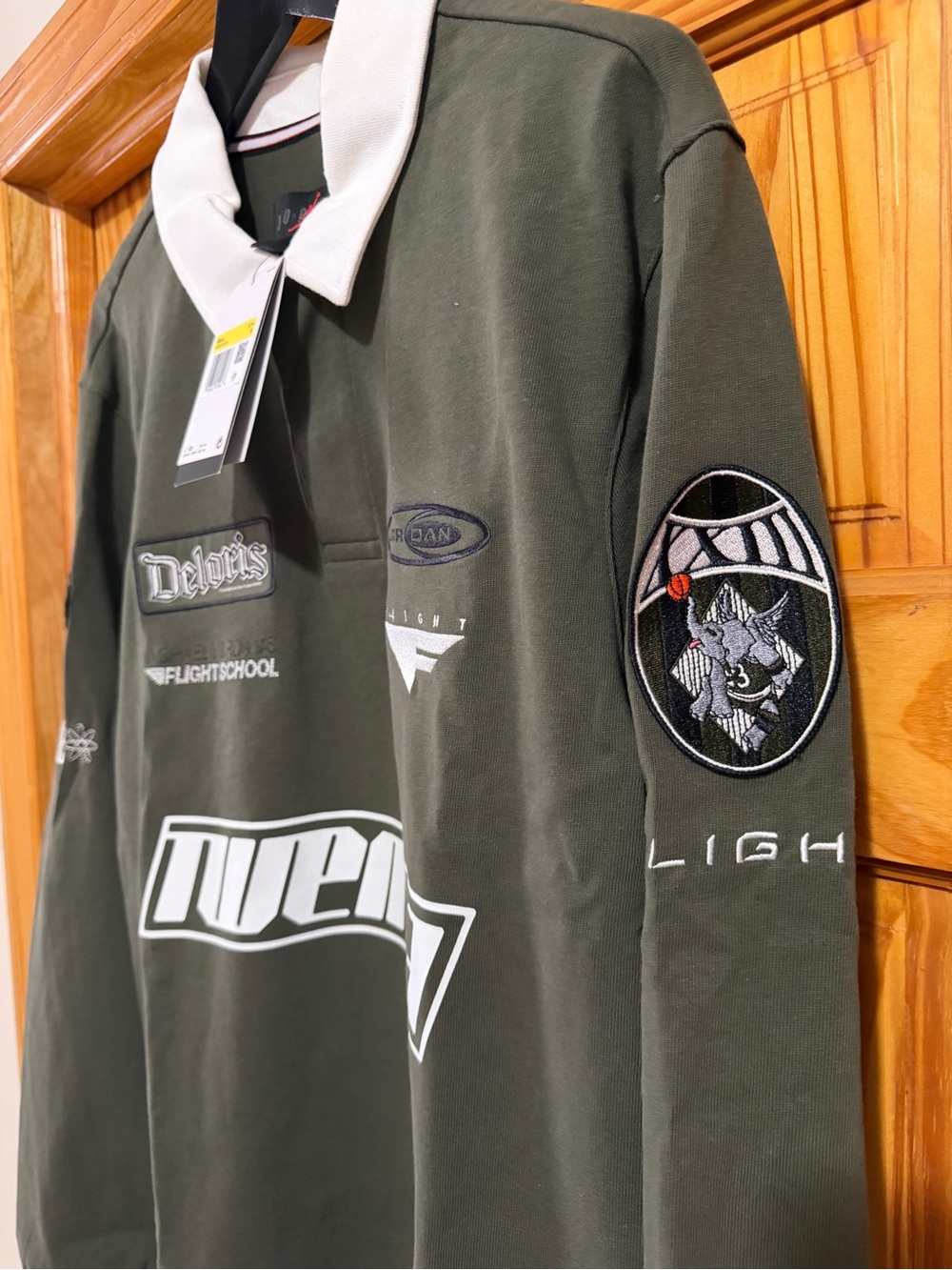 Jordan Olive Green Long Sleeve Polo with White Collar and Graphic Logos - Picture 4 of 5